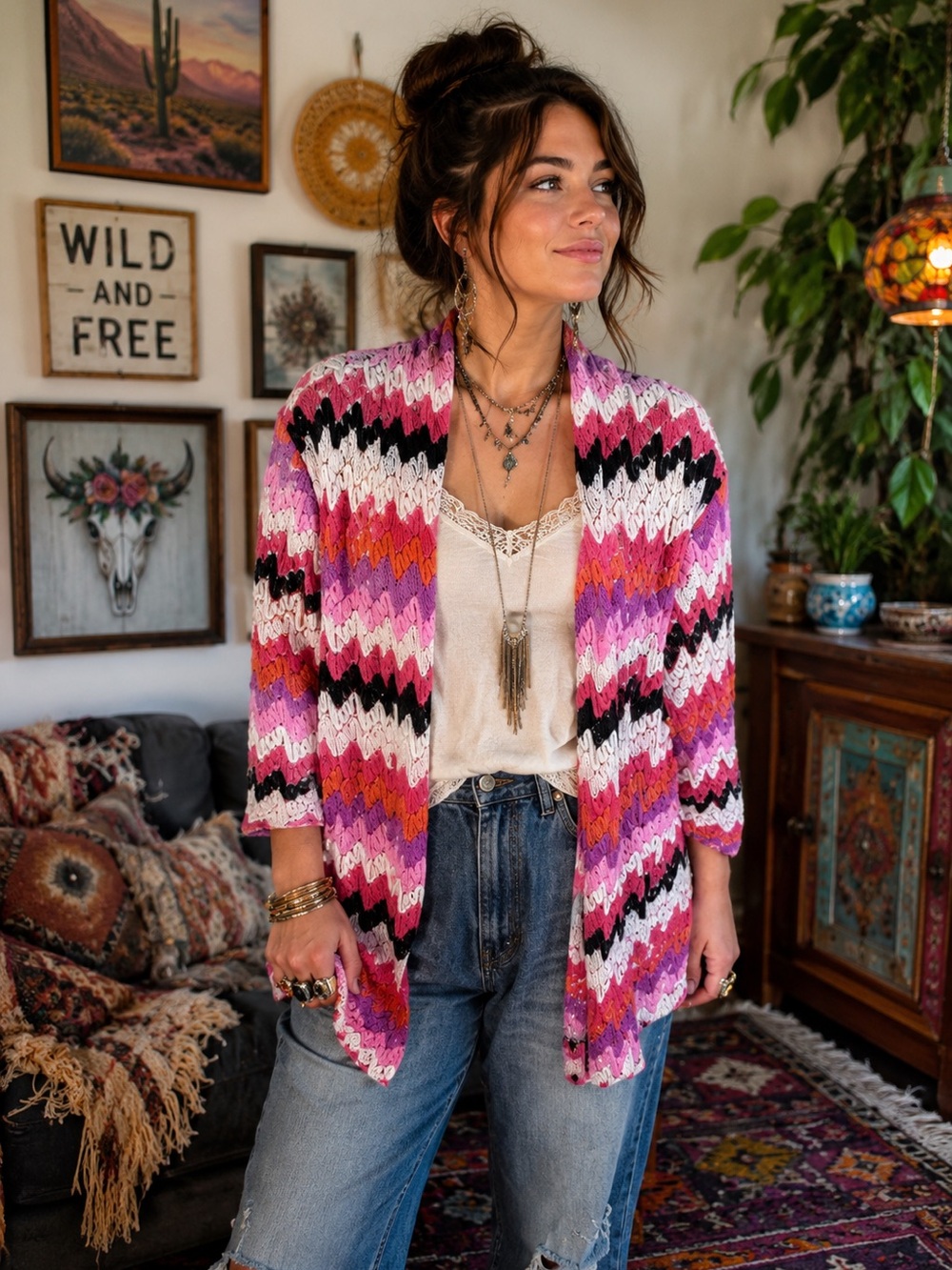 Alfred Dunner Womens Open Front Cardigan XL Chevron Crochet Knit Pink